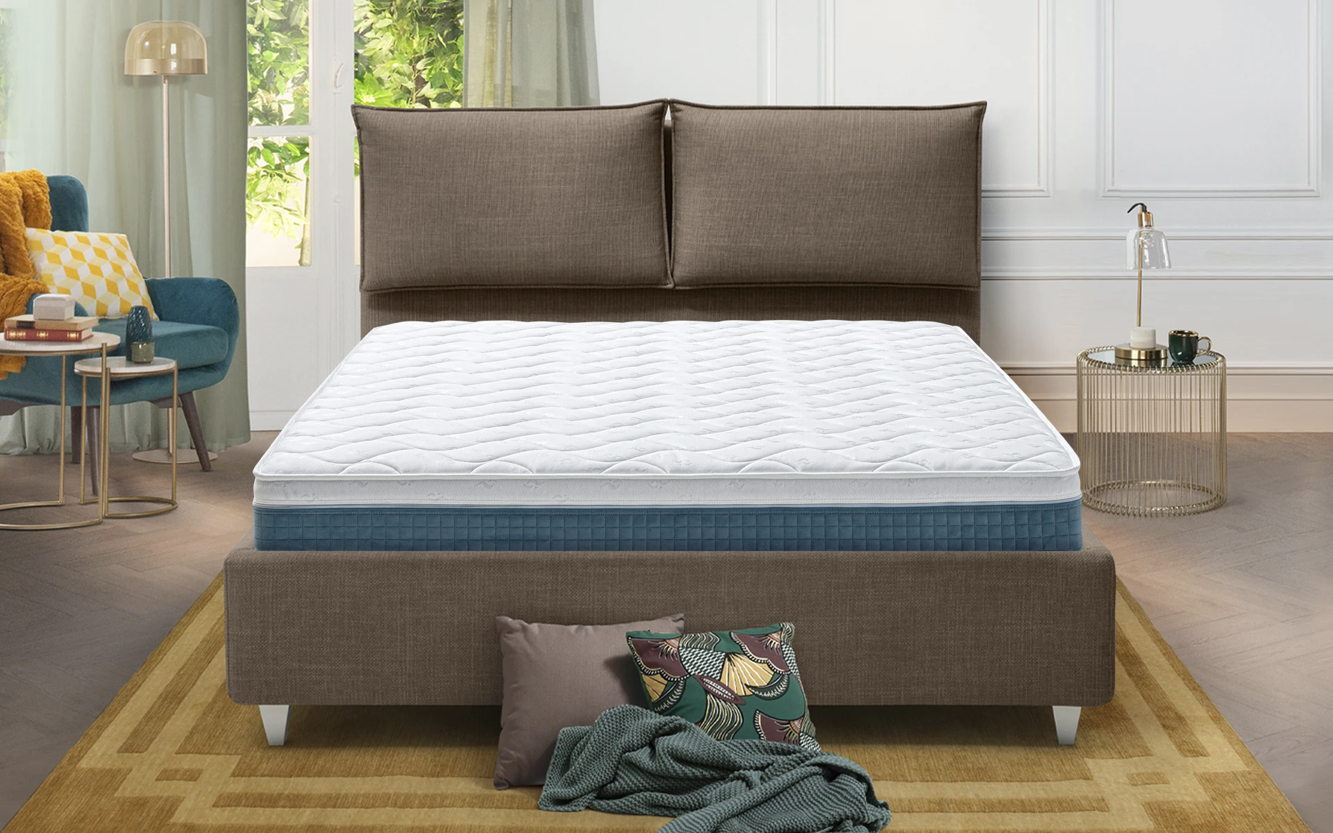 Nuovo Sano ortopedico in Memory BioFresh Green – ambientato vista frontale su letto contenitore