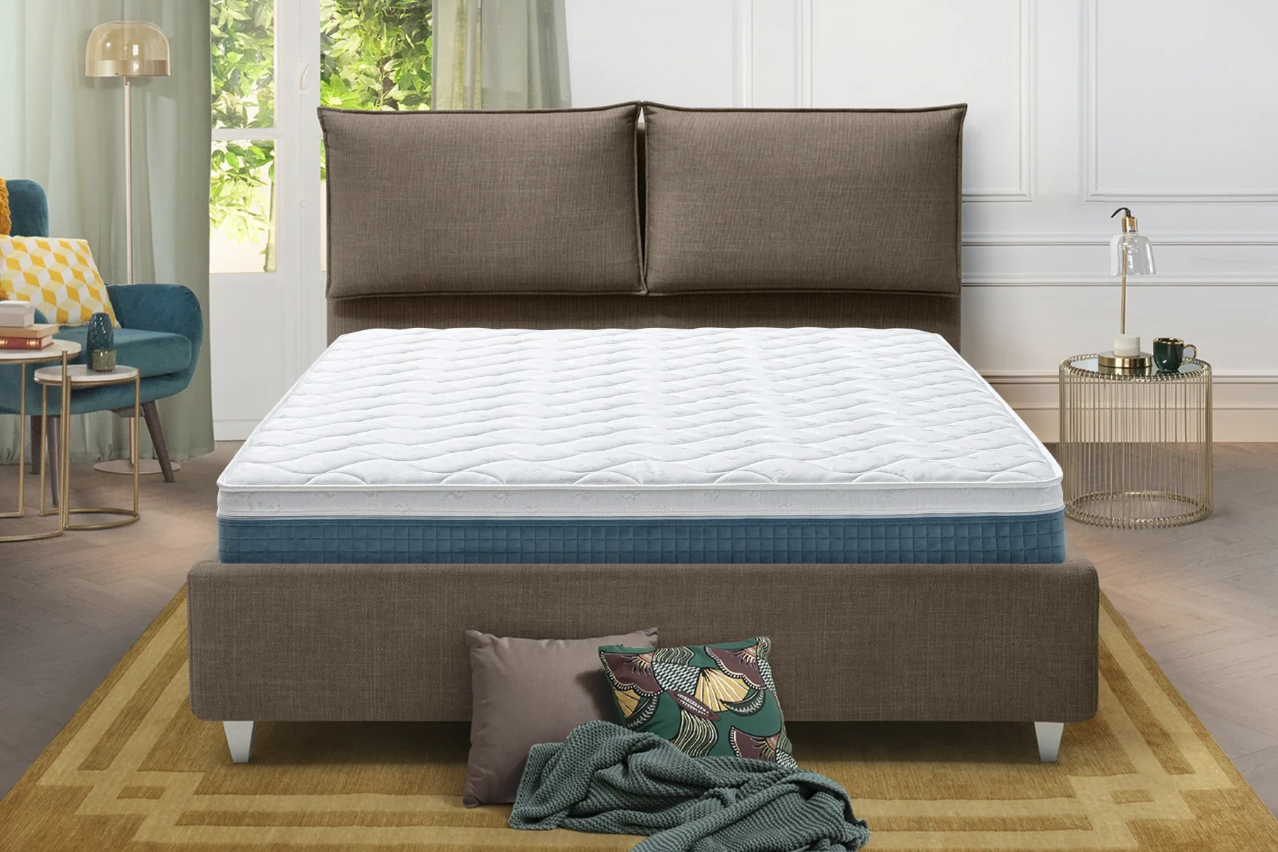 Nuovo Sano ortopedico in Memory BioFresh Green – ambientato vista frontale su letto contenitore