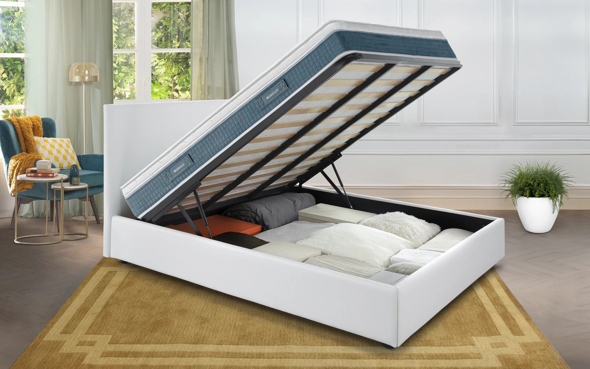 Nuovo Sano ortopedico in Memory BioFresh con letto contenitore Anna bianco aperto