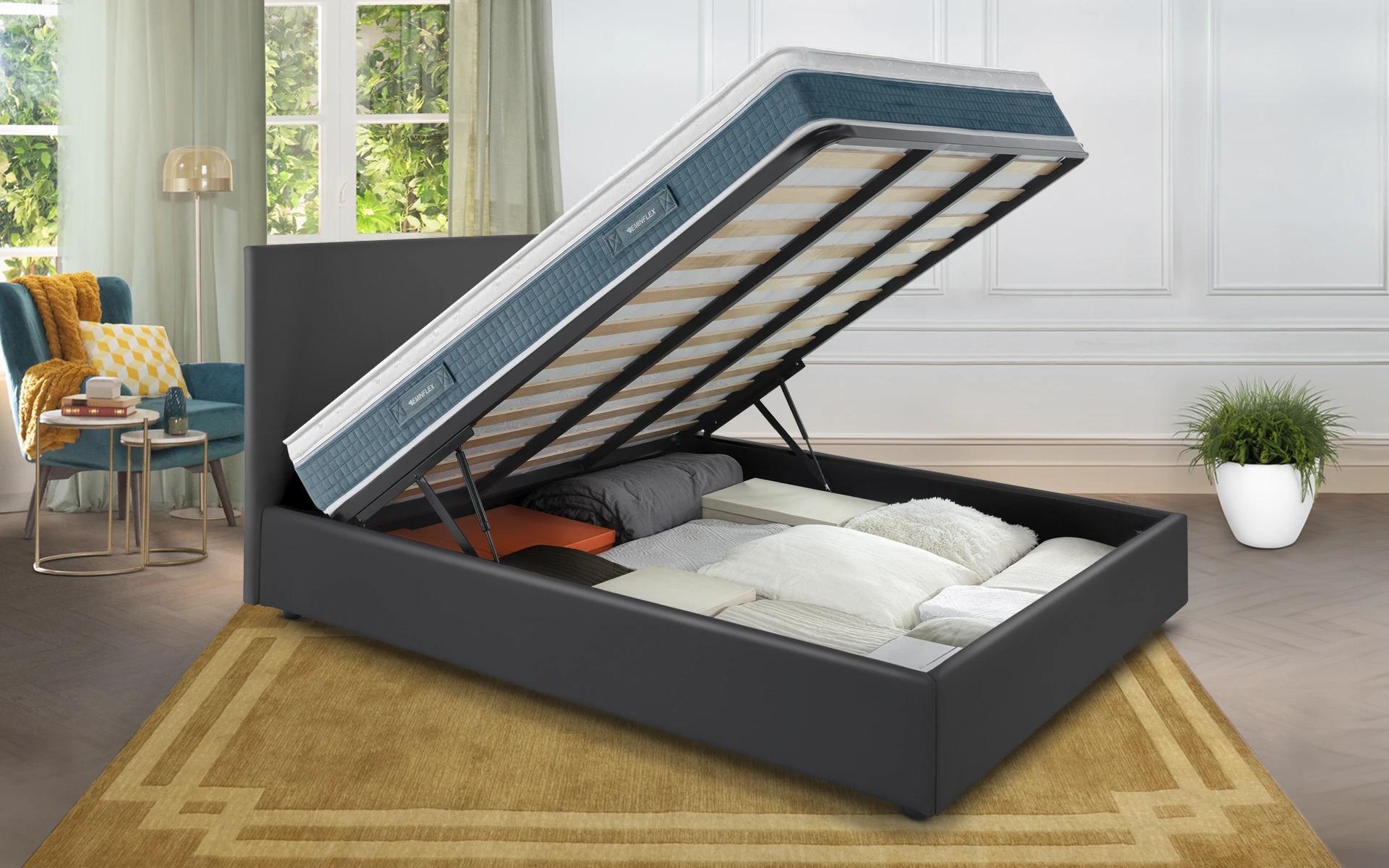 Nuovo Sano ortopedico in Memory BioFresh con letto contenitore Anna grigio tortora aperto