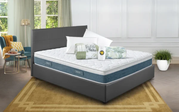 Nuovo Sano ortopedico in Memory BioFresh con letto contenitore Anna grigio tortora chiuso e kit offerta