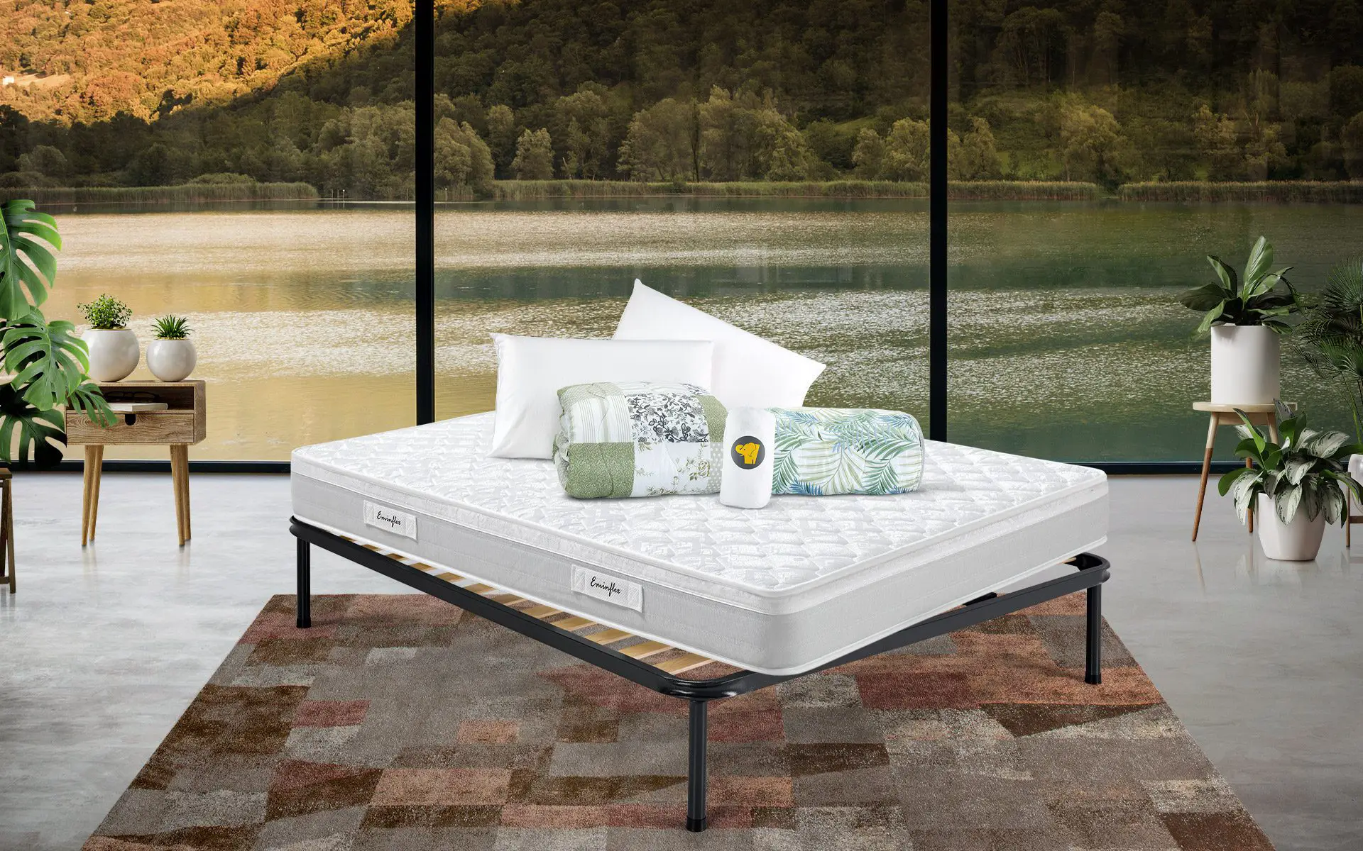 Eminflex materassi Romeo matrimoniale in offerta con rete e kit accessori vista a tre quarti