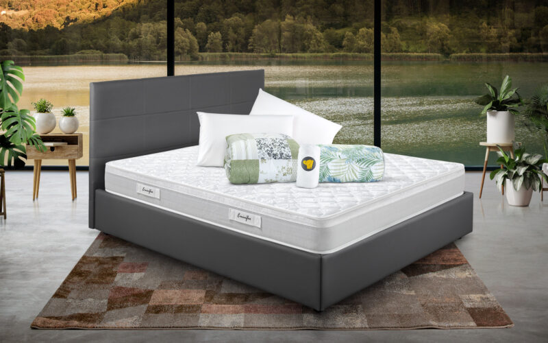 Eminflex Materassi Experia matrimoniale offerta con letto contenitore Anna grigio chiuso e kit notte