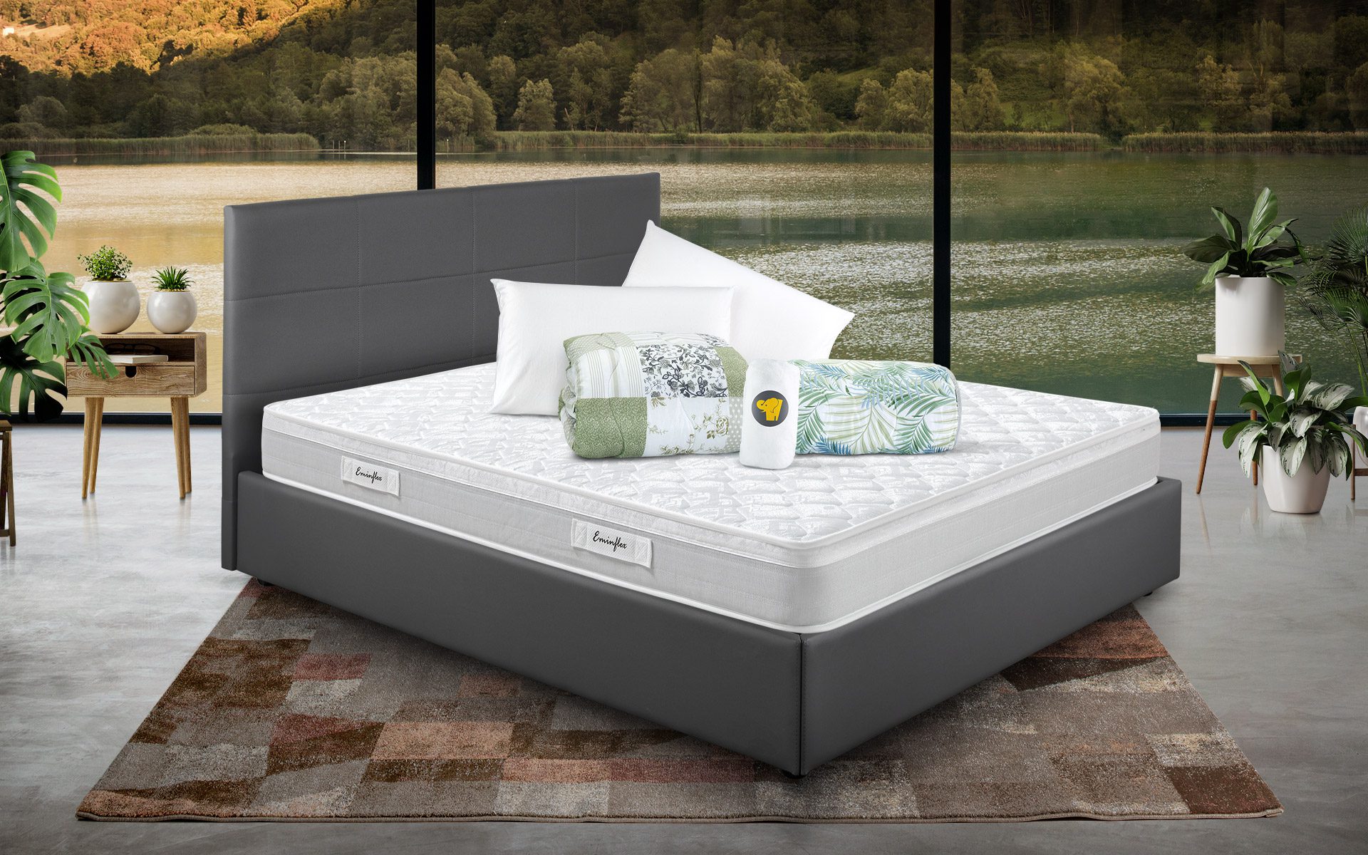 Eminflex Materassi Experia matrimoniale offerta con letto contenitore Anna grigio chiuso e kit notte Eminflex Materassi Experia matrimoniale offerta con letto contenitore Anna grigio chiuso e kit notte