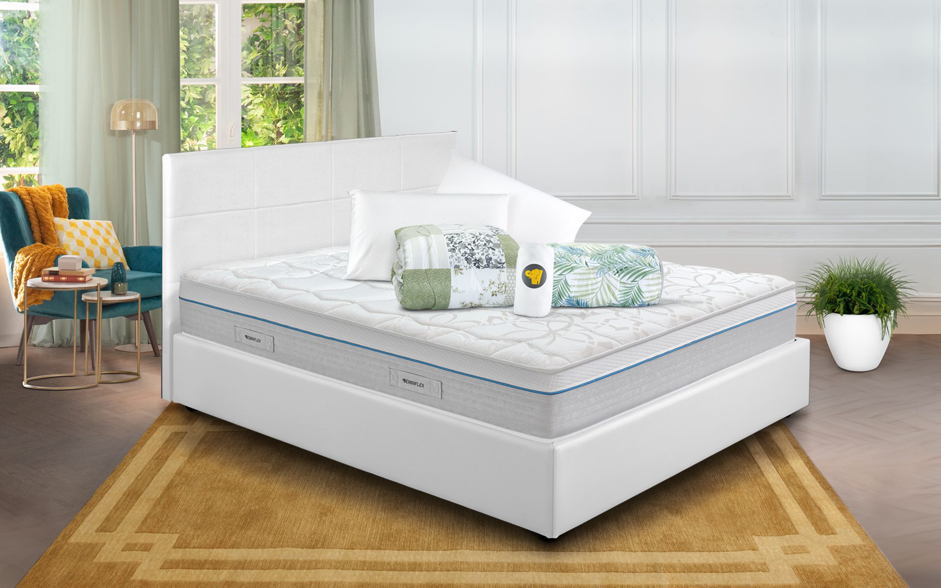 Eminflex Materassi Innova matrimoniale offerta con letto contenitore Anna bianco chiuso e kit notte