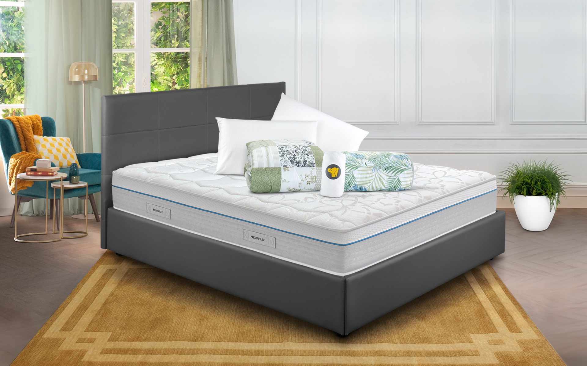 Eminflex Materassi Innova matrimoniale offerta con letto contenitore Anna grigio chiuso e kit notte