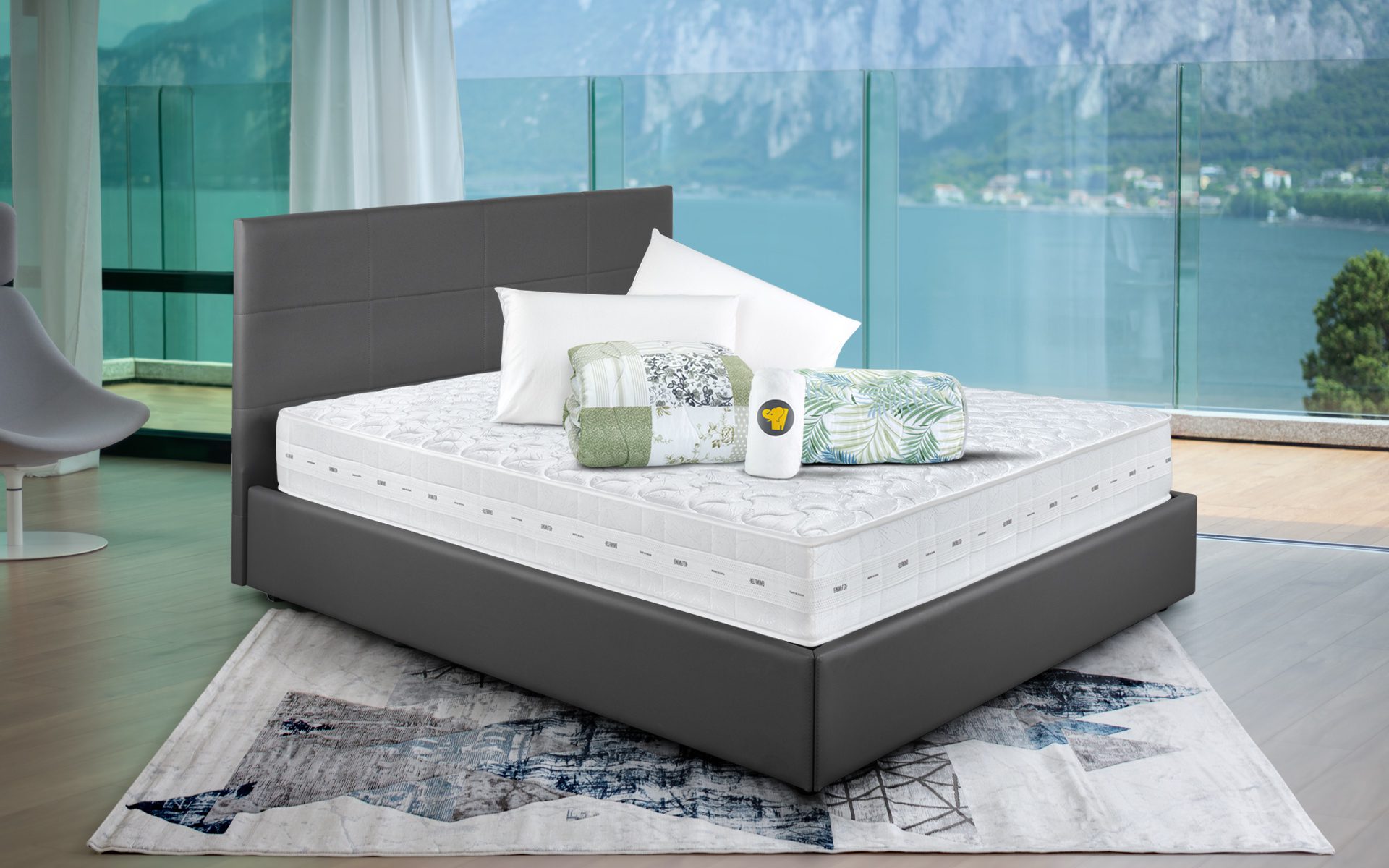 Eminflex Materassi Mito matrimoniale offerta con letto contenitore Anna grigio chiuso e kit notte