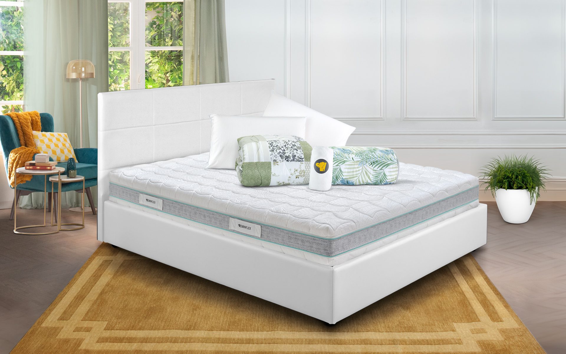 Eminflex Materassi Naturity matrimoniale offerta con letto contenitore Anna bianco chiuso e kit notte