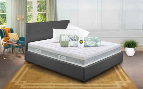 Eminflex Materassi Naturity matrimoniale offerta con letto contenitore Anna grigio chiuso e kit notte
