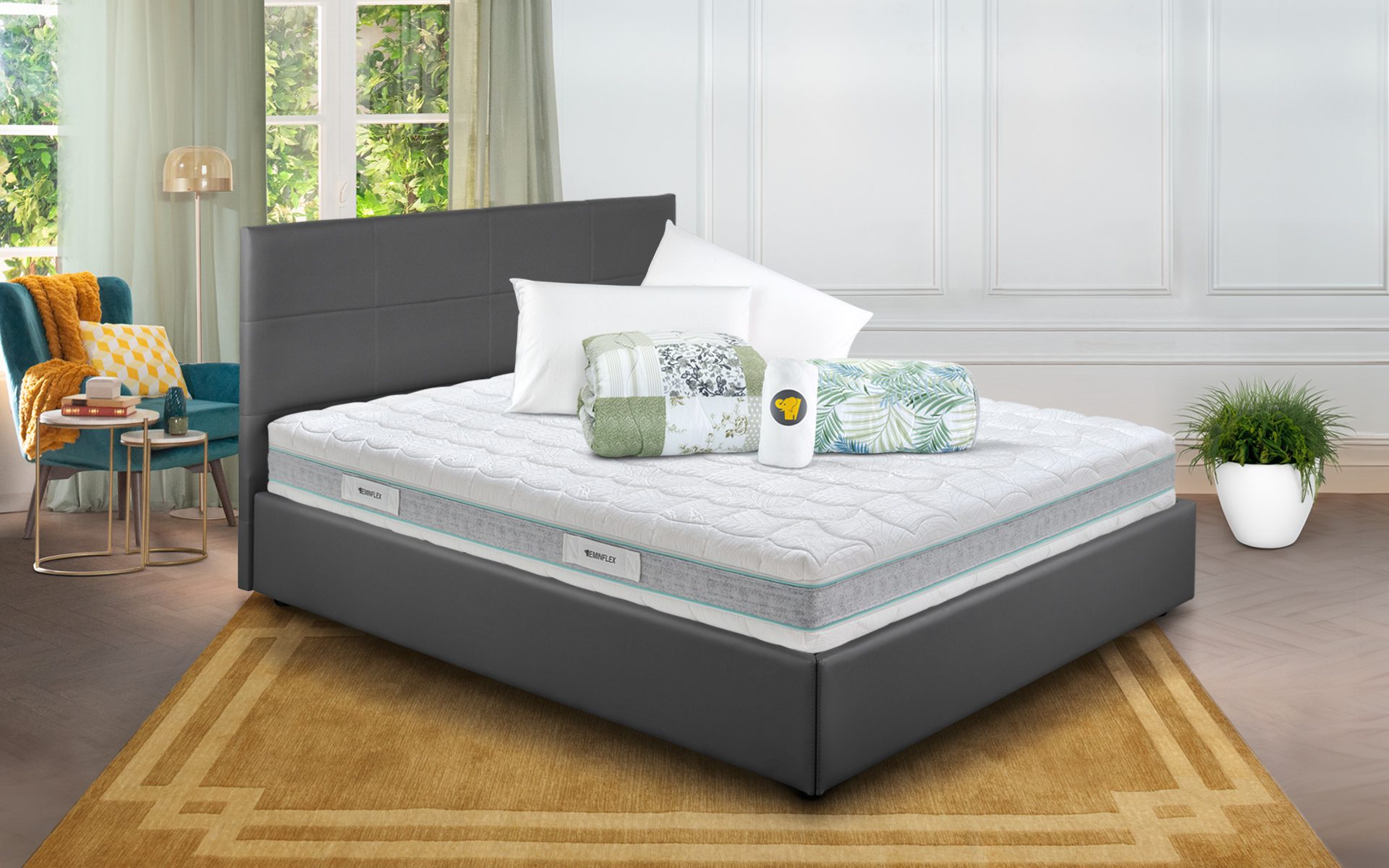 Eminflex Materassi Naturity matrimoniale offerta con letto contenitore Anna grigio chiuso e kit notte