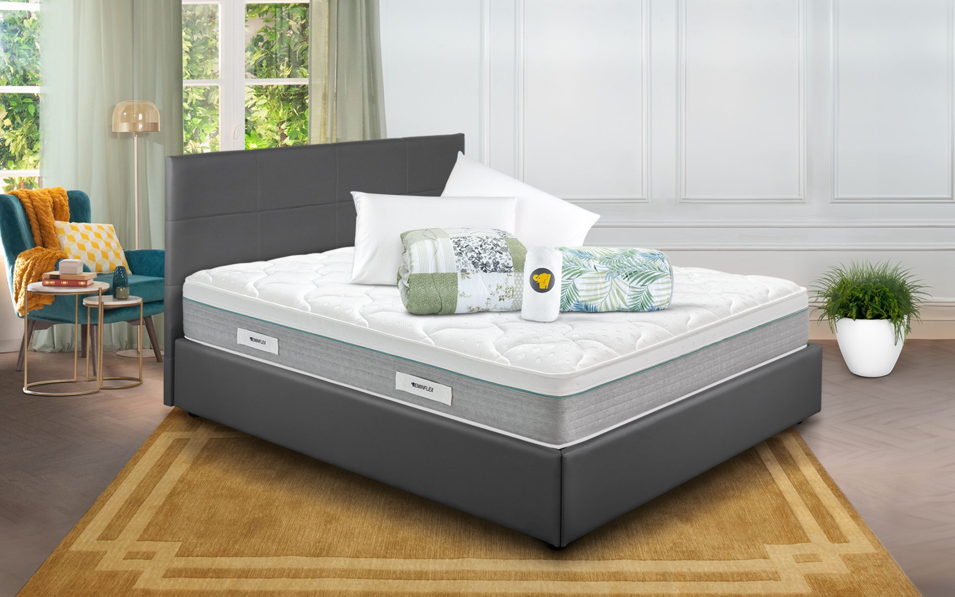 Eminflex Materassi Paradise matrimoniale offerta con letto contenitore Anna grigio chiuso e kit notte