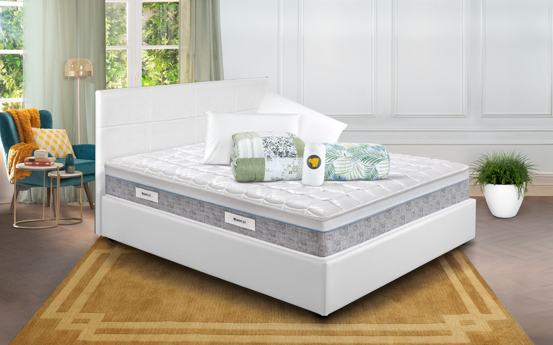 Eminflex Materassi Sano matrimoniale in offerta con letto contenitore Anna bianco chiuso e kit notte