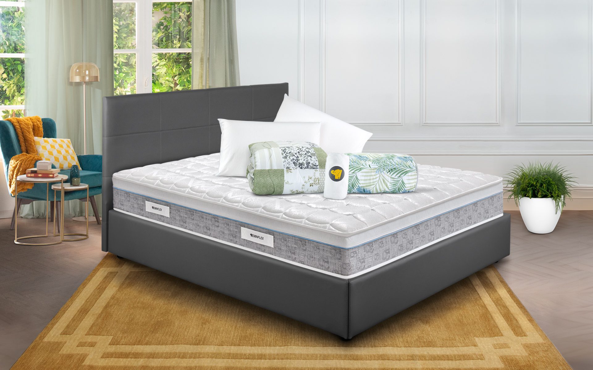 Eminflex Materassi Sano matrimoniale in offerta con letto contenitore Anna grigio chiuso e kit notte