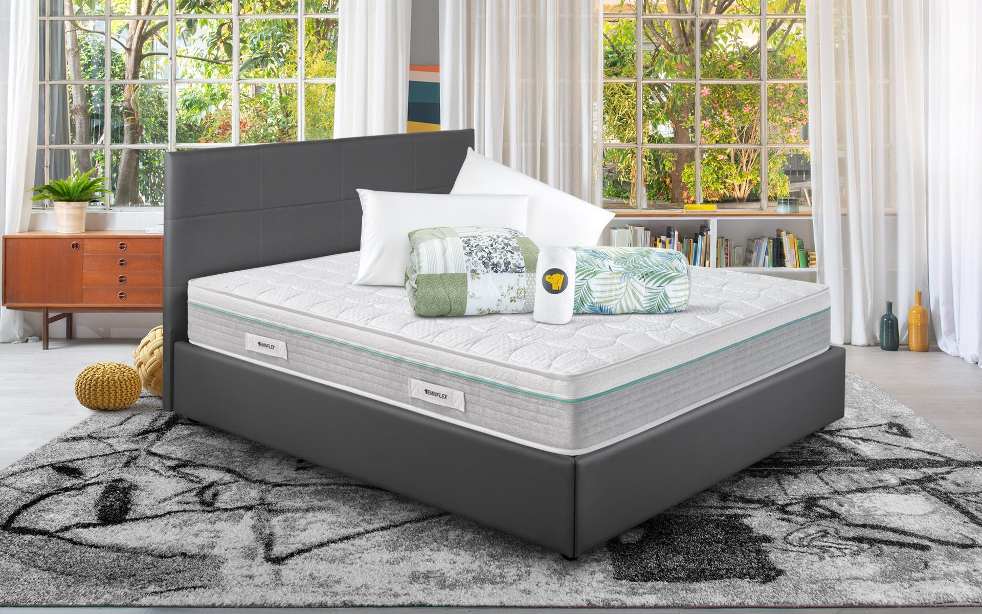 Eminflex Materassi Union matrimoniale offerta con letto contenitore Anna grigio chiuso e kit notte