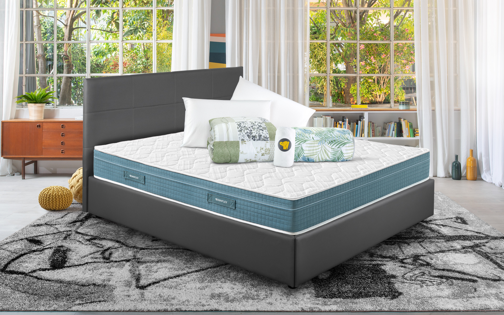 Eminflex materasso matrimoniale nuovo Union con letto contenitore grigio e kit offerta